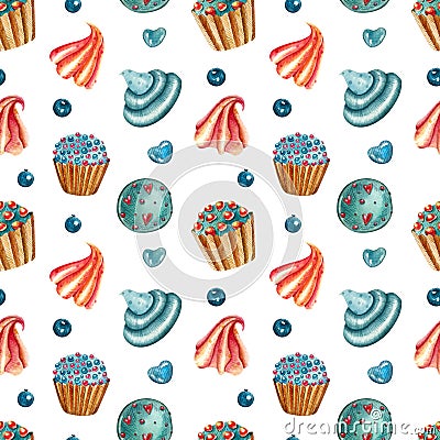 Watercolor seamless pattern with sweets, cookies and candies. Stock Photo