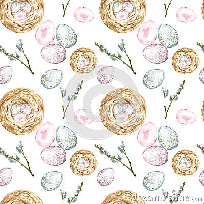 Watercolor seamless pattern with symbols of spring and Easter holiday, eggs, bird nest and tree branch on white background Cartoon Illustration