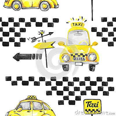 Watercolor seamless pattern taxi cars Cartoon Illustration