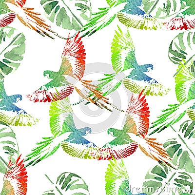 Watercolor seamless pattern. Tropical background. Parrots, palm Stock Photo