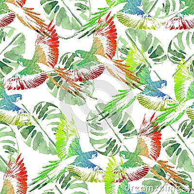 Watercolor seamless pattern. Tropical background. Parrots, palm Stock Photo