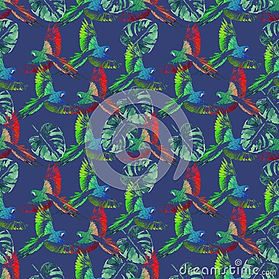 Watercolor seamless pattern. Tropical background. Parrots, palm Stock Photo