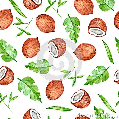 Watercolor seamless pattern with tropical coconuts. Stock Photo