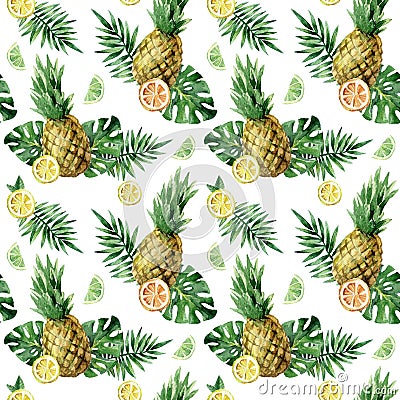 Watercolor seamless pattern with tropical leafs, pineapple and citrus fruits. Stock Photo