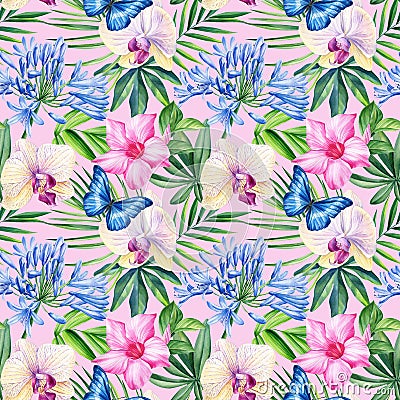 Watercolor seamless pattern tropical leaves and flowers, jungle background. Cartoon Illustration