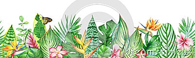 Watercolor seamless pattern with tropical leaves, plants and flowers Stock Photo