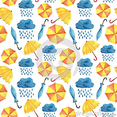 Watercolor seamless pattern with umbrellas, clouds and rain. Cute hand painted illustration on white background. Seasonal autumn Cartoon Illustration