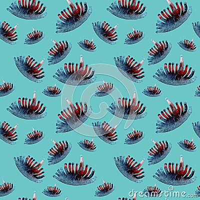 Watercolor seamless pattern of undersea red blue corals on turquoise background. Stock Photo