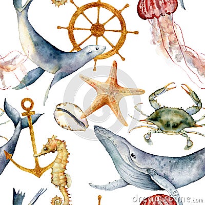 Watercolor seamless pattern with underwater animals. Hand painted whale, jellyfish, starfish and helm illustration Cartoon Illustration