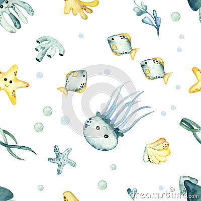 Watercolor seamless pattern with underwater creatures, jellyfish, squid, starfish, algae, corals Stock Photo