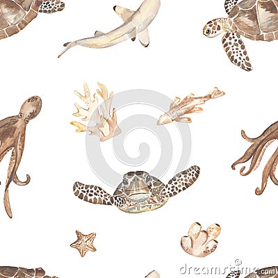 Watercolor seamless pattern with underwater creatures, sea turtle, fish, corals, octopus in brown Stock Photo