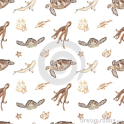 Watercolor seamless pattern with underwater creatures, sea turtle, fish, corals, octopus in brown on a white background Stock Photo