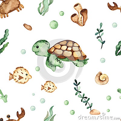 Watercolor seamless pattern with underwater creatures, sea turtle, fish, crab, algae, corals Stock Photo