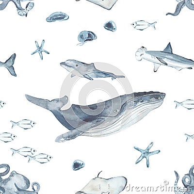 Watercolor seamless pattern with underwater creatures, whale, jellyfish, shark, dolphin, octopus in blue Stock Photo