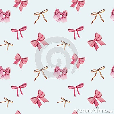 Watercolor seamless pattern for Valentine`s day with pink and golden bows Stock Photo