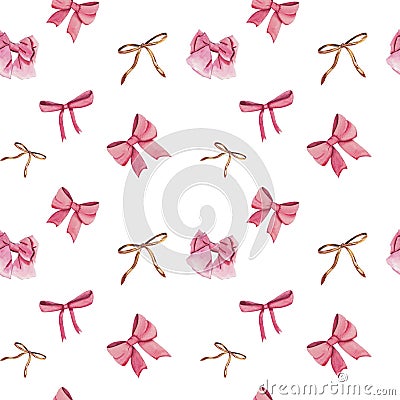 Watercolor seamless pattern for Valentine`s day with pink and golden bows Stock Photo