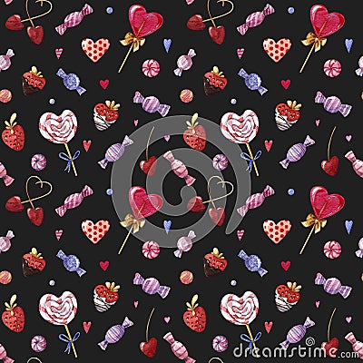 Watercolor seamless pattern for Valentine`s day. Sweets, candies and berries. Stock Photo