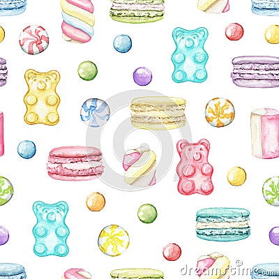 Watercolor seamless pattern with various bright sweets Cartoon Illustration