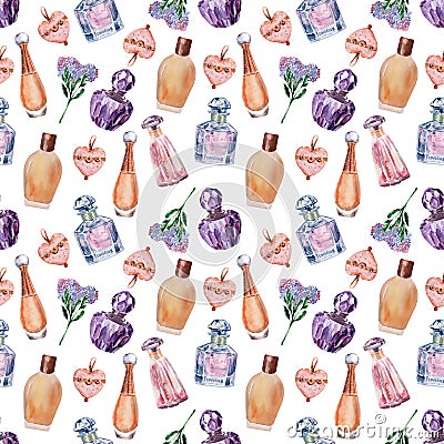 Watercolor seamless pattern with various perfume bottles and cosmetics Stock Photo