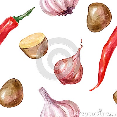 Watercolor seamless, pattern vegetables set with garlic potato onion pepper Cartoon Illustration