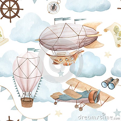 Watercolor seamless pattern with vintage cute fairy tale cartoon clouds, retro plane, hot air baloon, aerostat and blue Stock Photo