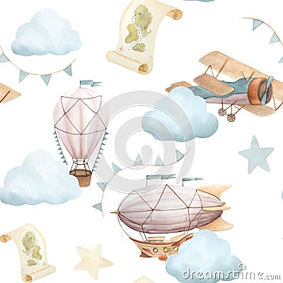 Watercolor seamless pattern with vintage cute fairy tale cartoon clouds, retro plane, hot air baloon, aerostat and blue Stock Photo