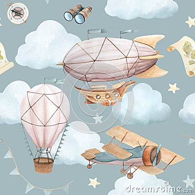 Watercolor seamless pattern with vintage cute fairy tale cartoon clouds, retro plane, hot air baloon, aerostat and blue Stock Photo