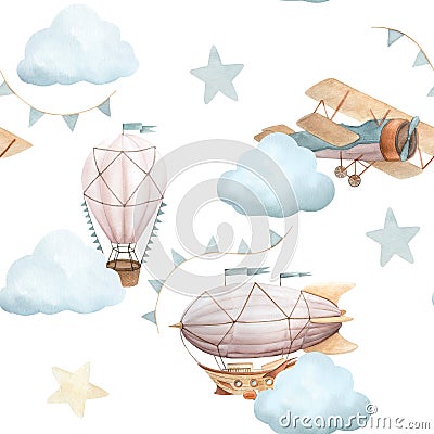 Watercolor seamless pattern with vintage cute fairy tale cartoon clouds, retro plane, hot air baloon, aerostat and blue Stock Photo