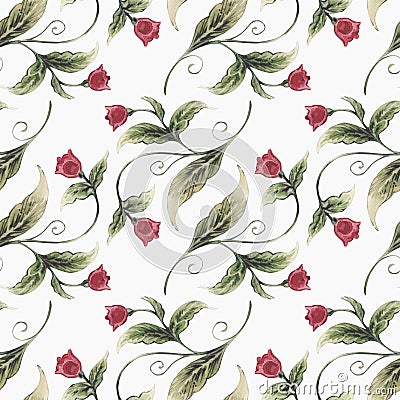 Watercolor seamless pattern with vintage illustrations of fantasy red bluebell flowers and leaves. Isolated on white Cartoon Illustration