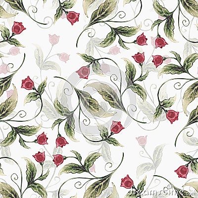 Watercolor seamless pattern with vintage illustrations of fantasy red bluebell flowers and leaves. Isolated on white Cartoon Illustration