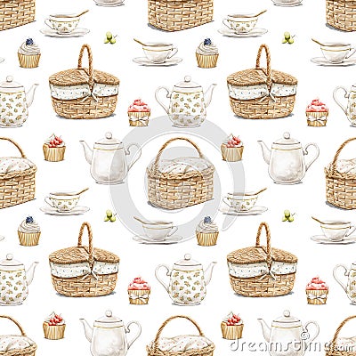 Watercolor seamless pattern with vintage set of white dishes, wicker baskets and cupcakes Cartoon Illustration