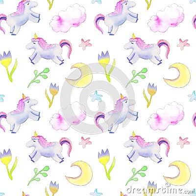 Unicorns, moon, flowers pattern Stock Photo