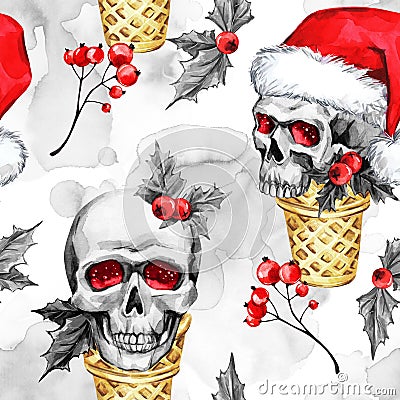 Watercolor seamless pattern waffle cones with sketchy skulls in Santa hat, snowfalkes, leaves. . Cretive New Year Cartoon Illustration