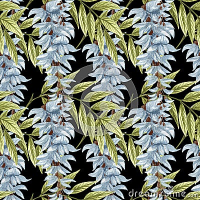 Watercolor seamless pattern of white wisteria flowers and green leaves. Hand drawn floral Illustration Stock Photo