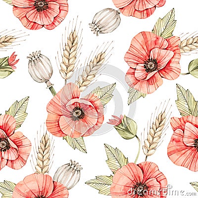 Watercolor seamless pattern with wild poppy flowers. Red flowers clipart. Background with wheats, poppies, green leaves, branches Stock Photo