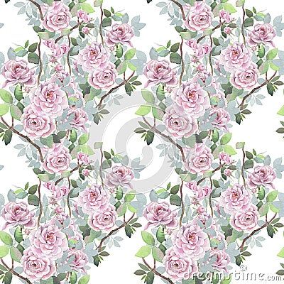 Watercolor seamless pattern. Wild roses mixed background. Romantic wallpaper. Cartoon Illustration