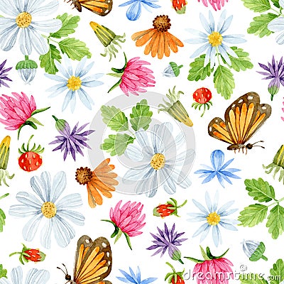 Watercolor wildflowers, daisy, clover and butterfly seamless pattern Vector Illustration