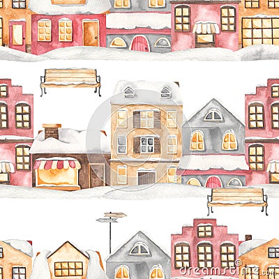 Watercolor seamless pattern with winter city with European houses, streets, Amsterdam houses, benches Stock Photo