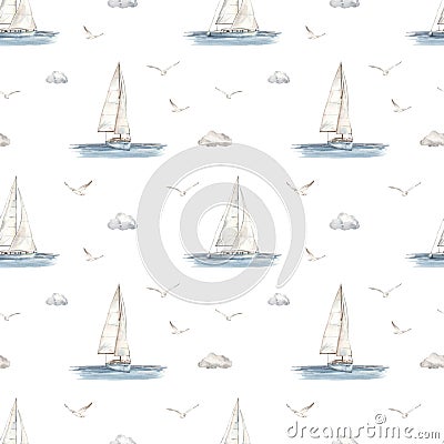 Watercolor seamless pattern with yacht, sailboat, sea, seagulls, clouds on a white background, nautical pattern Stock Photo