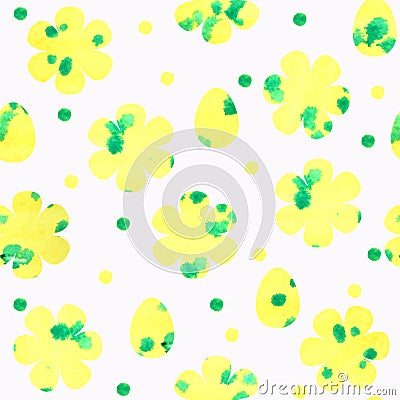 Seamless pattern with yellow flowers and eggs, dots on a white background. Stock Photo