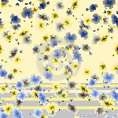 Watercolor seamless pattern yellow gray blue flowers on a yellow and gray stripes background Stock Photo