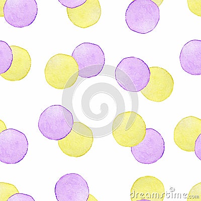 Watercolor seamless pattern yellow and violet polka dots.Seamless background for your design Stock Photo