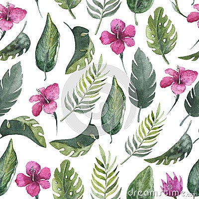 Watercolor seamless pattern with flowers and leaves. watercolor sketch Cartoon Illustration