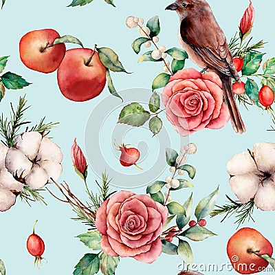 Watercolor seamless patttern with bird and apple. Hand painted floral illustration with cotton, apple, dogrose, leaves Cartoon Illustration