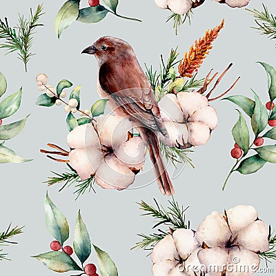 Watercolor seamless patttern with bird and cotton. Hand painted floral illustration with white flower, snowberries Cartoon Illustration