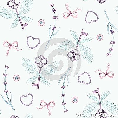 Watercolor seamless Provence pattern . Wings key, brooch, Lavander flowers, heart, pendant, pearls, bow, ribbon. For Stock Photo