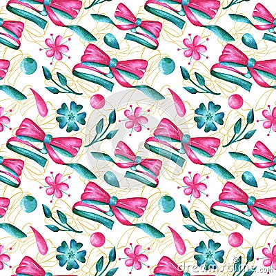 Watercolor seamless romantic pattern in pink and turquoise colors with ribbons and bows, flowers and leaves Stock Photo