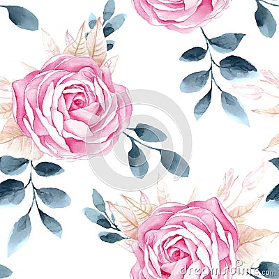 Watercolor seamless roses pattern. Vector Illustration