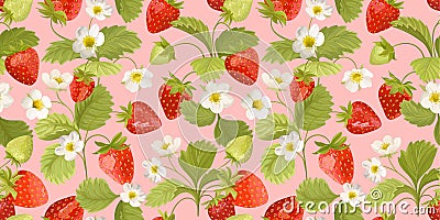 Watercolor Seamless Strawberry pattern with flowers, wild berries, leaves. Vector background texture Vector Illustration