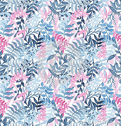 Watercolor Seamless Texture WithDeep Blue Ferns and Pink Leaves Stock Photo